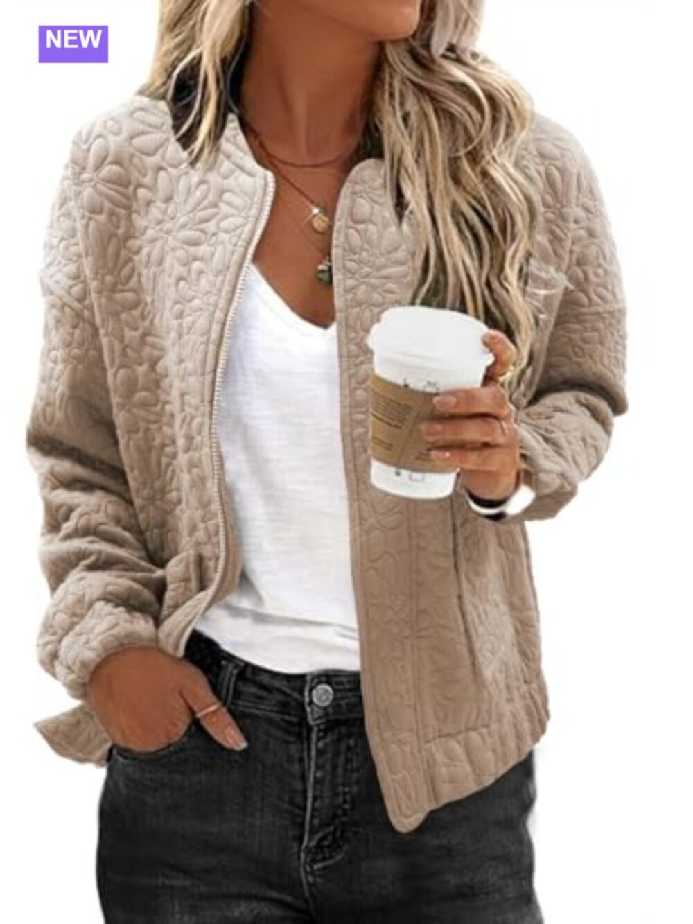 EVALESS Women's Jacquard Bomber Jacket Zip Up Pockets Loose Fit Casual